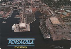 Downtown Pensacola Aerial View with U.S.S. Lexington C-11 Postcard