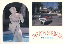 Neptune Statue & Pappas Boat, Tarpon Springs, Florida Postcard