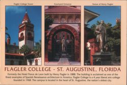 Flagler College: Tower, Entrance, Statue - St. Augustine, FL Postcard