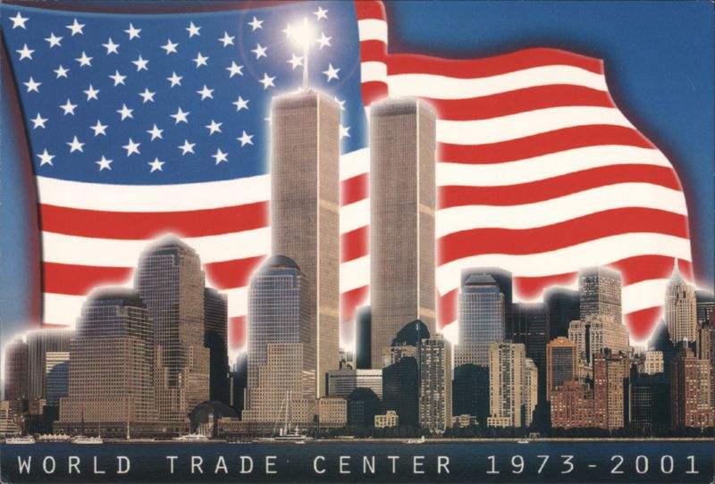 World Trade Center 1973-2001 with American Flag New York City