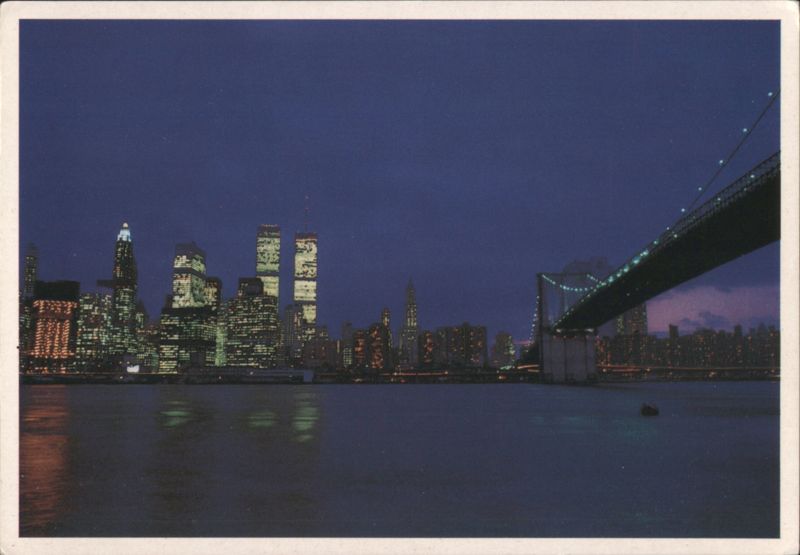 Lower Manhattan, Brooklyn Bridge & Skyscrapers at Night New York City
