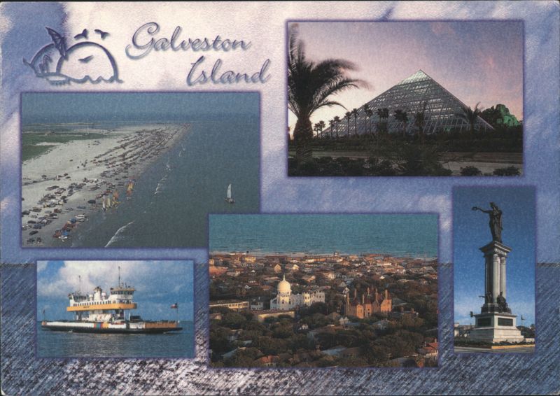 Galveston Island Collage: Beach, Moody Gardens, Ferry, Cityscape, Monument Texas