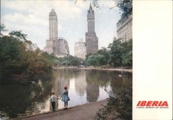 Children by The Lake, Central Park, New York City Skyline Postcard
