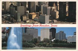 Greetings From Houston, Texas - Skyline and Fountain Postcard
