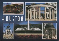 Houston: Trolley, Fountains, and Statue Postcard