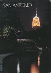 Tower Life Building at Night, San Antonio River Postcard
