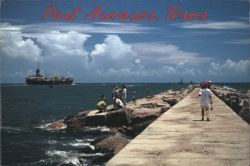 Port Aransas, Texas - Jetty Scene with Ship Postcard