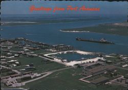 Greetings from Port Aransas, Aerial View with Freighter Postcard