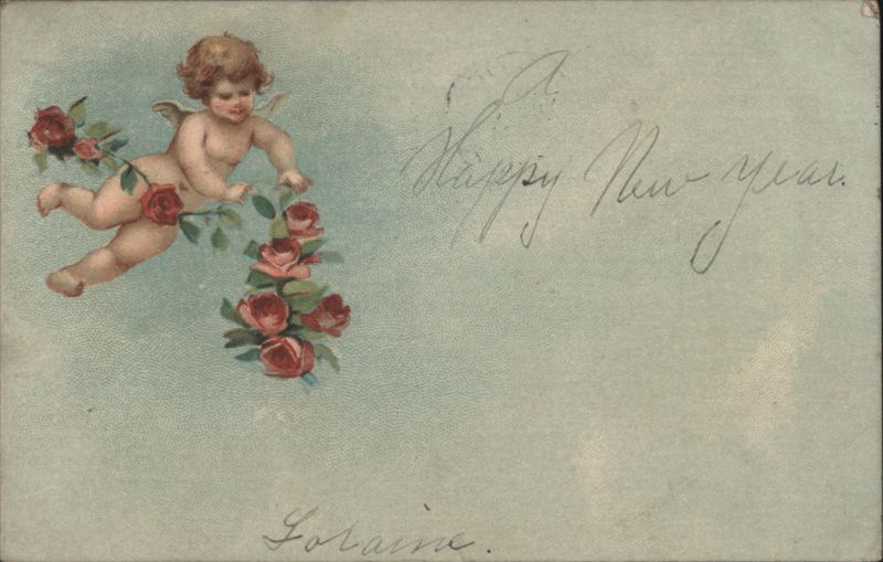 Happy New Year Greeting with Angel and Roses Angels & Cherubs