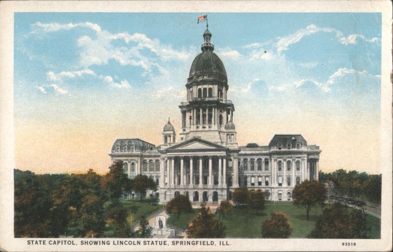 State Capitol, Showing Lincoln Statue, Springfield, IL Illinois