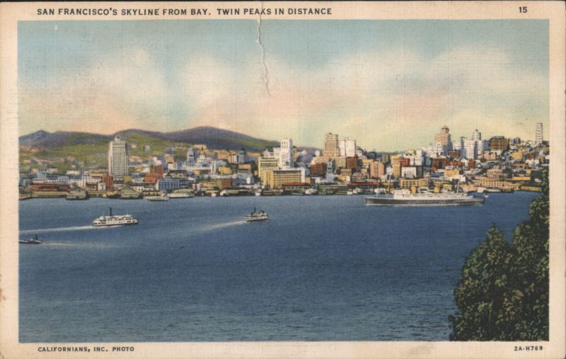 San Francisco's Skyline From Bay, Twin Peaks in Distance California
