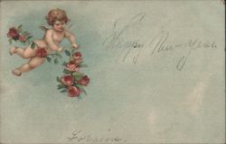 Happy New Year Greeting with Angel and Roses Postcard