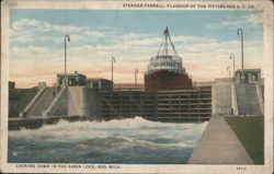 Steamer Farrell in Sabin Lock, Soo, MI Postcard
