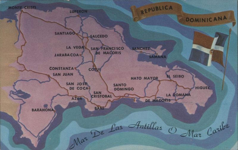 Illustrated Map of Dominican Republic Caribbean Islands