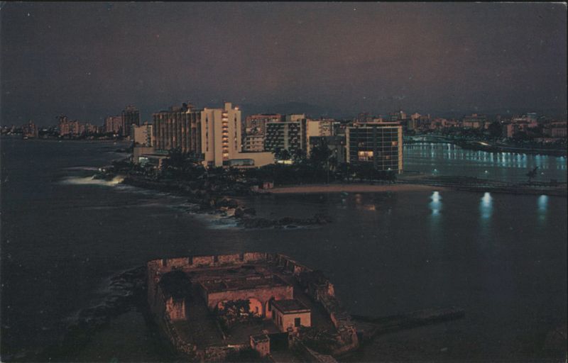 Night View of Fort San Jeronimo and Hotels, San Juan Puerto Rico