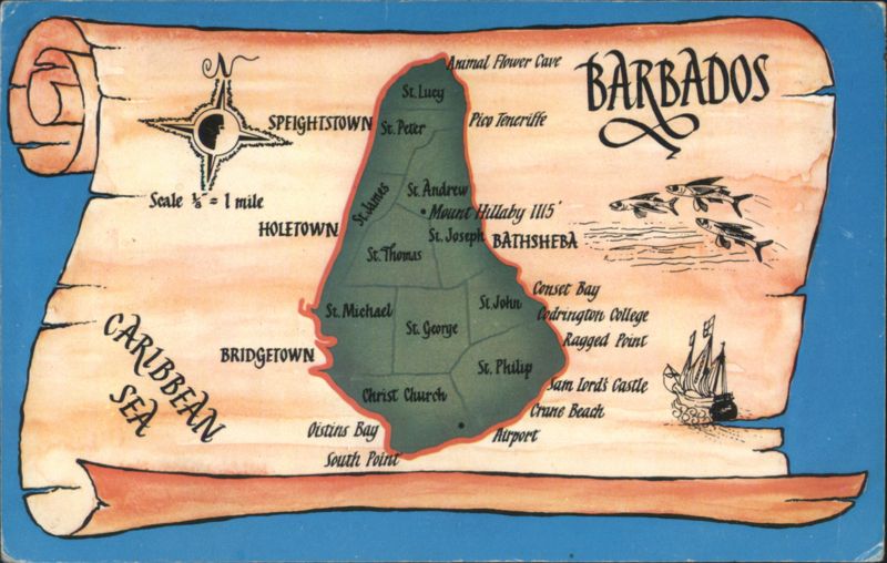Illustrated Scroll Map of Barbados Caribbean Islands