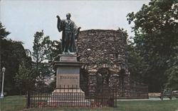 Old Stone Mill and William Ellery Channing Statue, Newport, RI Postcard