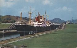 Cargo Ship Ternbank, Miraflores Locks, Panama Canal Postcard