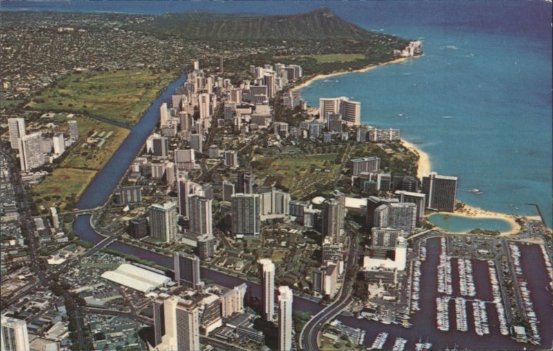 Aerial View of Waikiki Beach and Diamond Head Honolulu Hawaii