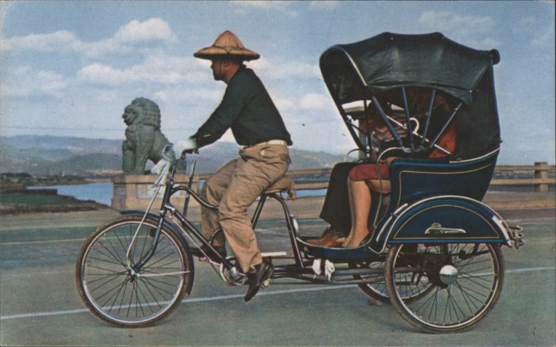 Pedicab with Passenger and Stone Lion Taiwan James C. Wu