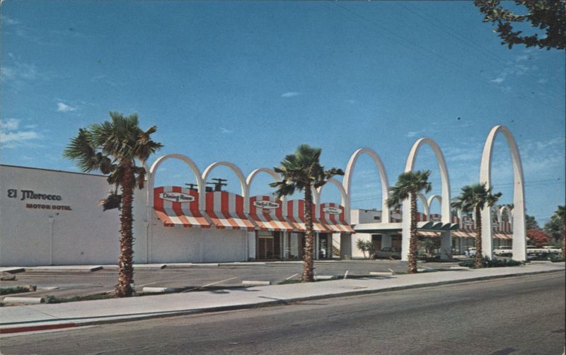 El Morocco Motor Hotel with Arched Facade and Striped Awning Indio California
