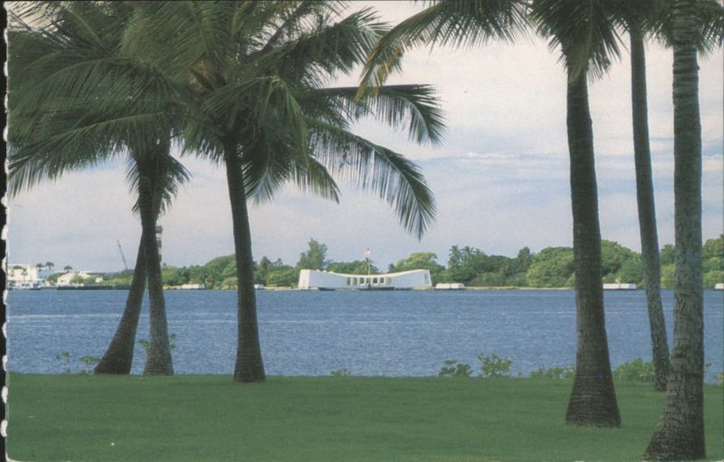 USS Arizona Memorial from Visitor Center with Palm Trees Aiea Hawaii