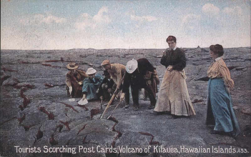 Tourists heating postcards on Kilauea lava, Hawaii