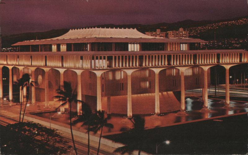 Hawaii State Capitol at Night, Illuminated Honolulu