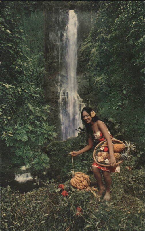 Hawaiian Woman with Fruit by Wailua Falls, Maui Robert Wenkam