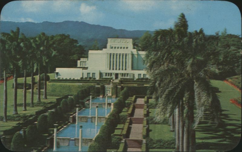 Mormon Temple with Fountain and Palm Trees, Laie, Hawaii