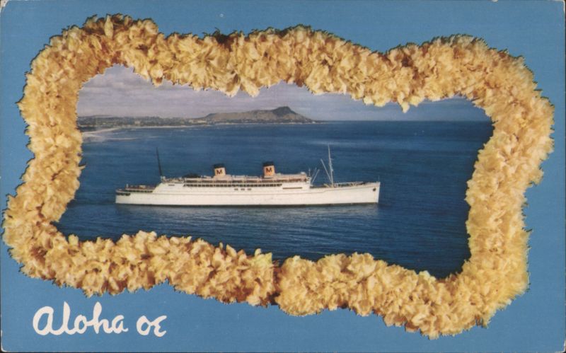 Matson Line Ship off Diamond Head, Lei Frame, Aloha Oe Honolulu Hawaii