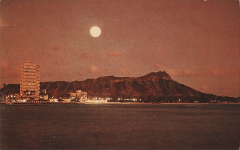 Moon Over Diamond Head, Waikiki Beach at Night Honolulu Hawaii