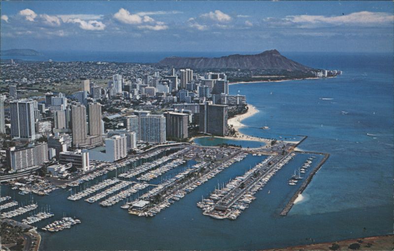 Aerial View of Honolulu Yacht Harbor, Waikiki, and Diamond Head Hawaii