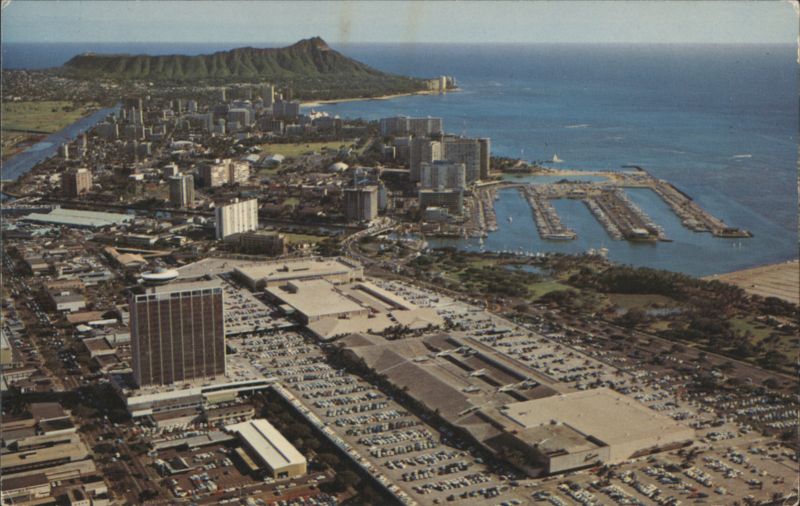 Aerial View of Ala Moana Center and Diamond Head Honolulu Hawaii