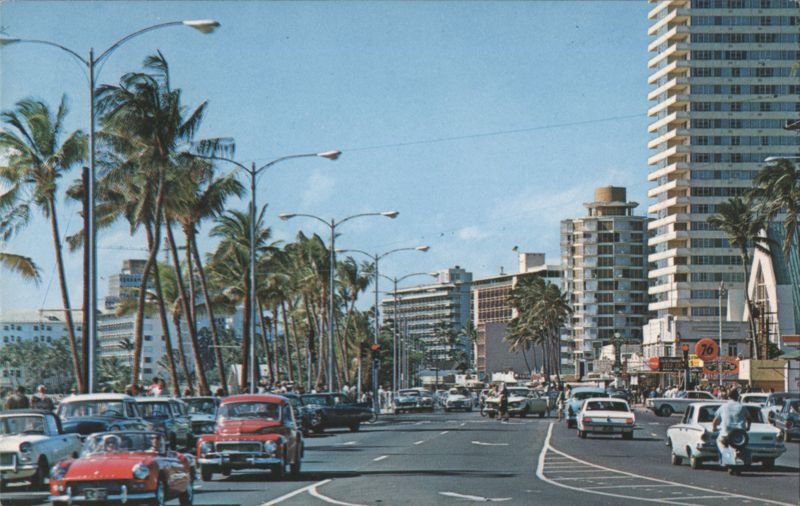 Kalakaua Avenue with Modern Luxury Hotels, Ewa View Honolulu Hawaii