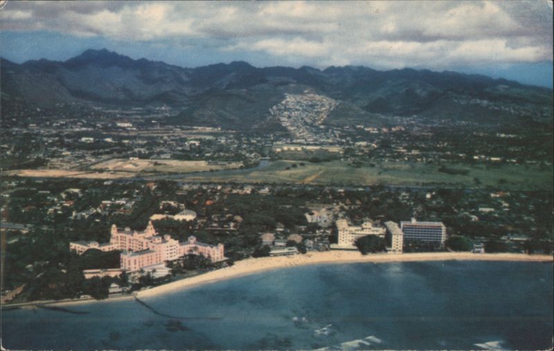 Waikiki Aerial: Royal Hawaiian, Moana, Surfrider Hotels Honolulu