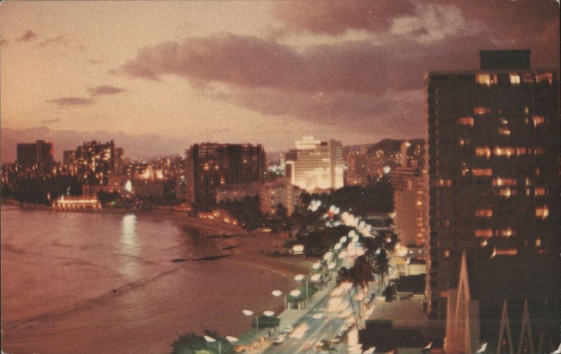 Waikiki Beach and Kalakaua Avenue at Twilight Honolulu Hawaii