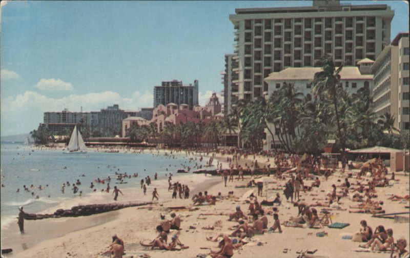 Colorful Heart of Waikiki Beach with Crowds and Hotels Honolulu Hawaii