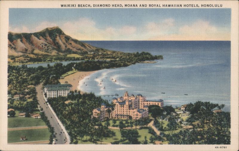 Waikiki Beach, Diamond Head, Moana and Royal Hawaiian Hotels Honolulu