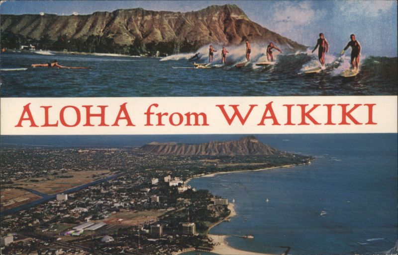 Surfers and Aerial View of Waikiki Beach with Diamond Head Hawaii