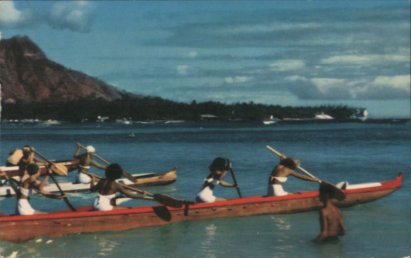Racing Outrigger Canoes with Diamond Head at Waikiki Honolulu Hawaii