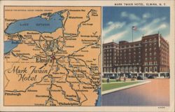 Mark Twain Hotel, Elmira, NY with Regional Map Postcard
