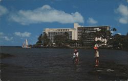 Naniloa Surf Hotel on Hilo Bay with Fishermen and Sailboat Postcard