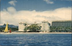 Catamarans at Waikiki Beach with Honolulu Hotels Postcard