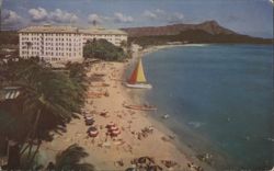 Waikiki Beach and The Moana Hotel with Diamond Head Postcard
