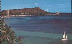 Diamond Head and Waikiki Beach with Sailboat Postcard