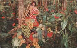 Woman with Watermelon Amidst Hawaiian Fruits and Vegetables Postcard