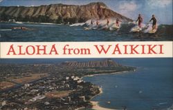 Surfers and Aerial View of Waikiki Beach with Diamond Head Postcard