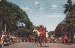 Honolulu HI Kamehameha Day Parade Horseback Red Capes Chrome Postcard