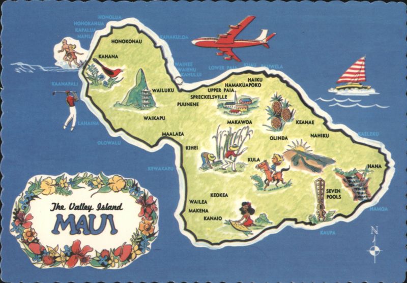 Illustrated Map of Maui, The Valley Island Hawaii